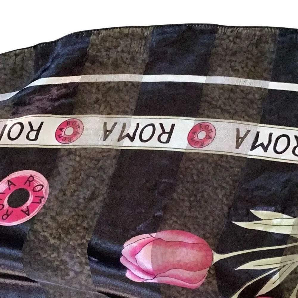Vintage Roma Rome Souvenir Square Scarf 39” Black Pink Tulips
